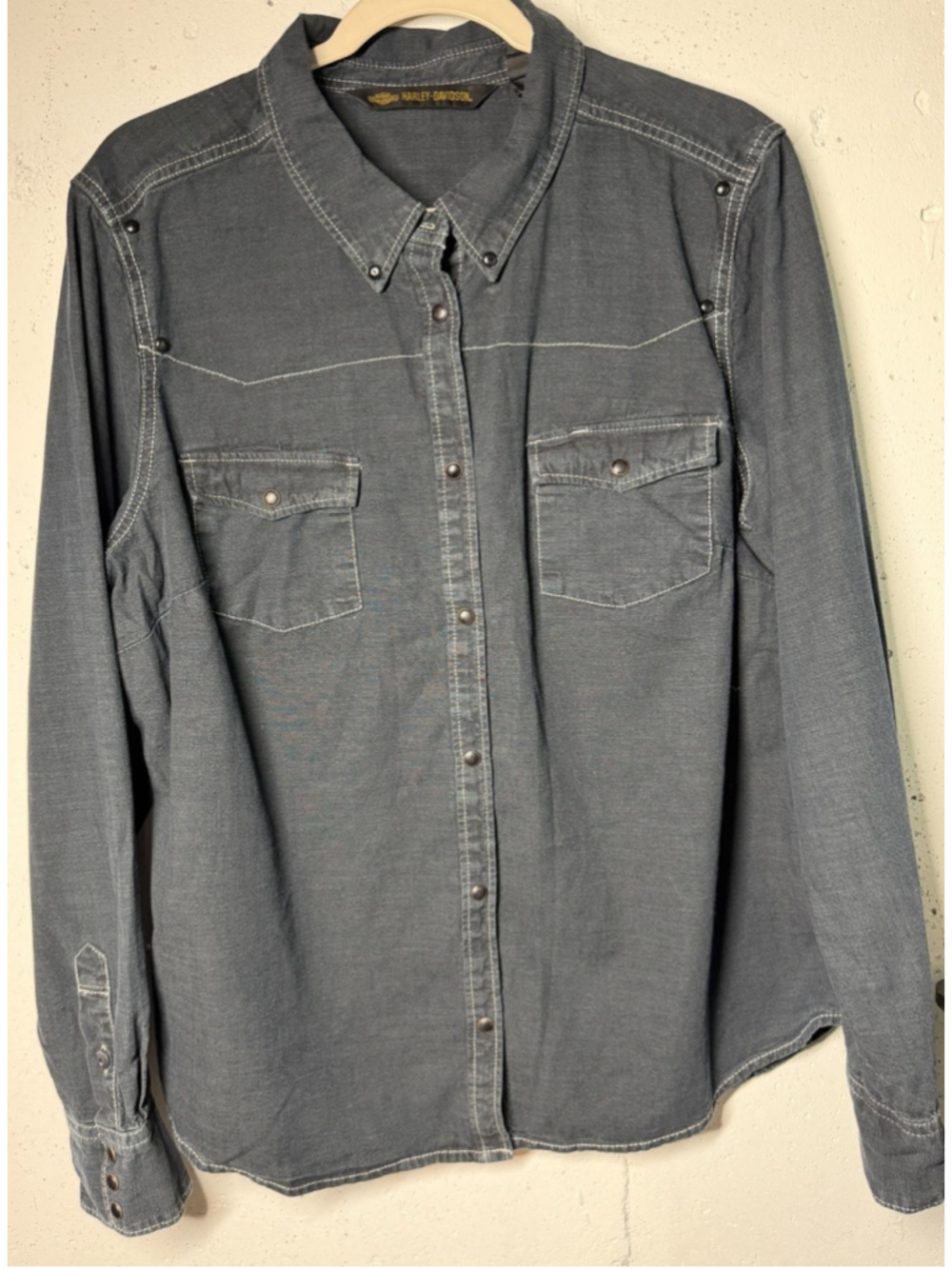Harley-Davidson 2X Womens Dark Denim Jean Shirt Long Sleeve Embroidered Snap